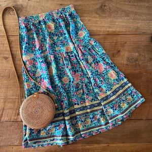 Merokeety Boho Floral A-line Midi Skirt with Elastic Waist